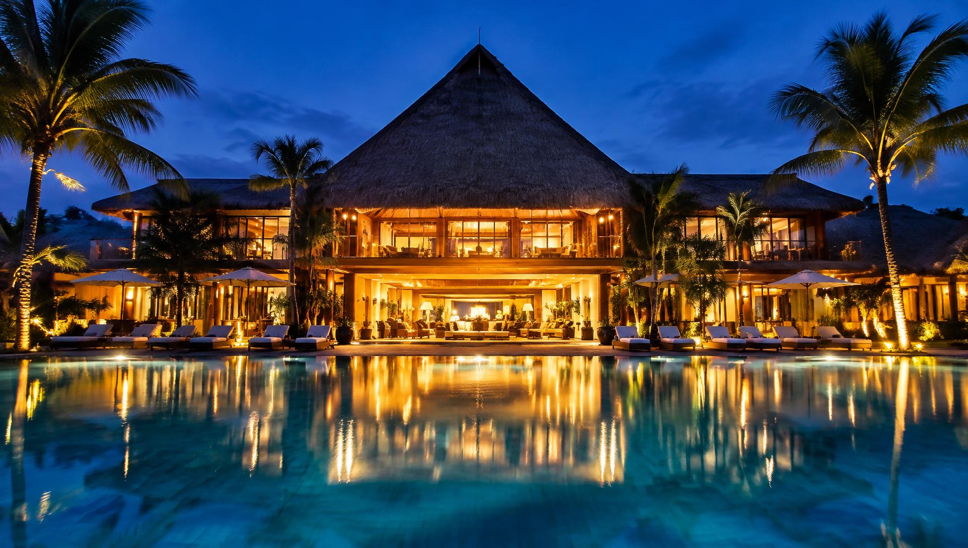 Illuminated hotel facade at night